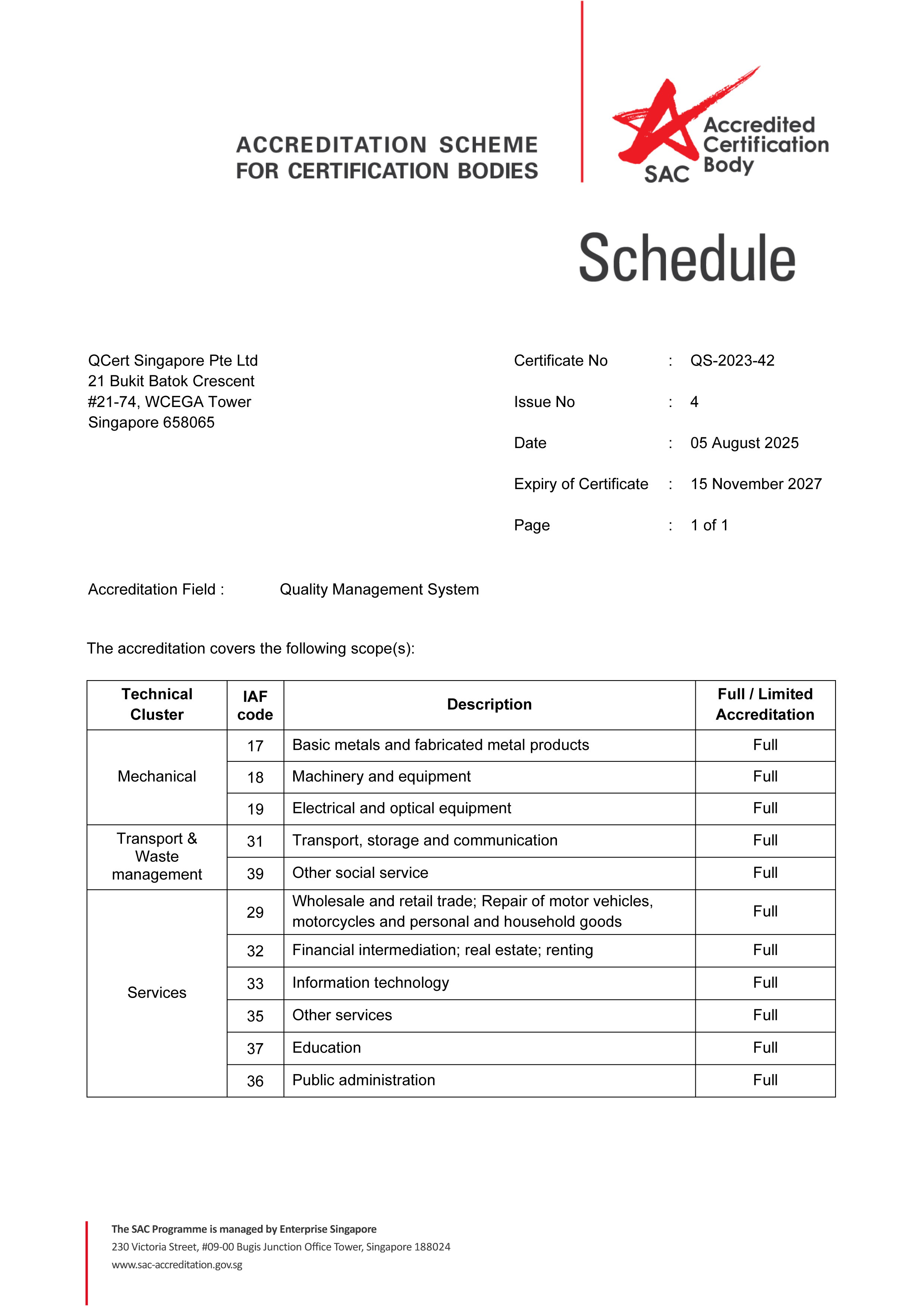 SAC Schedule — ISO 9001