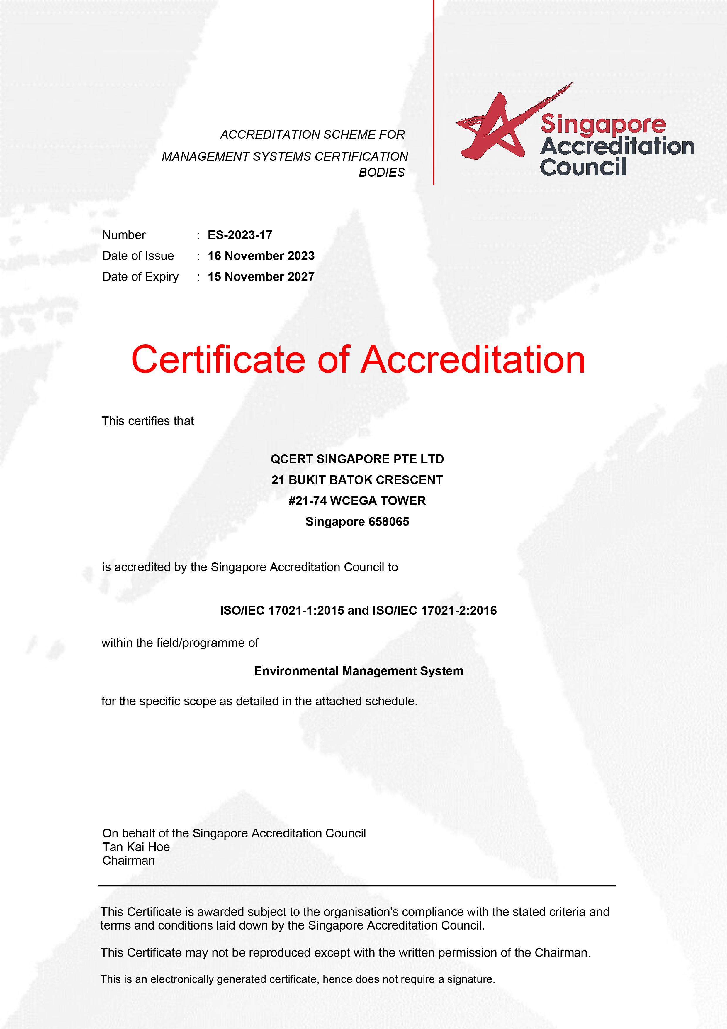 SAC Certificate — ISO 14001 (ES-2023-17)
